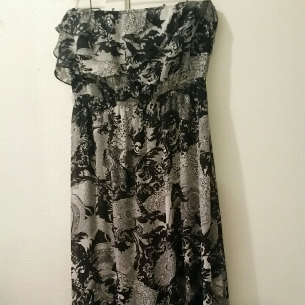 EUC LONG CHIFFON LINED DRESS MAXI STRAPLESS RUFFLE